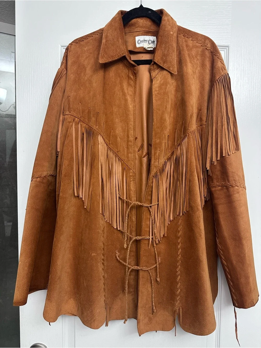 Vintage Cowboy Club brown leather fringe with western boho hippie jacket XXL
